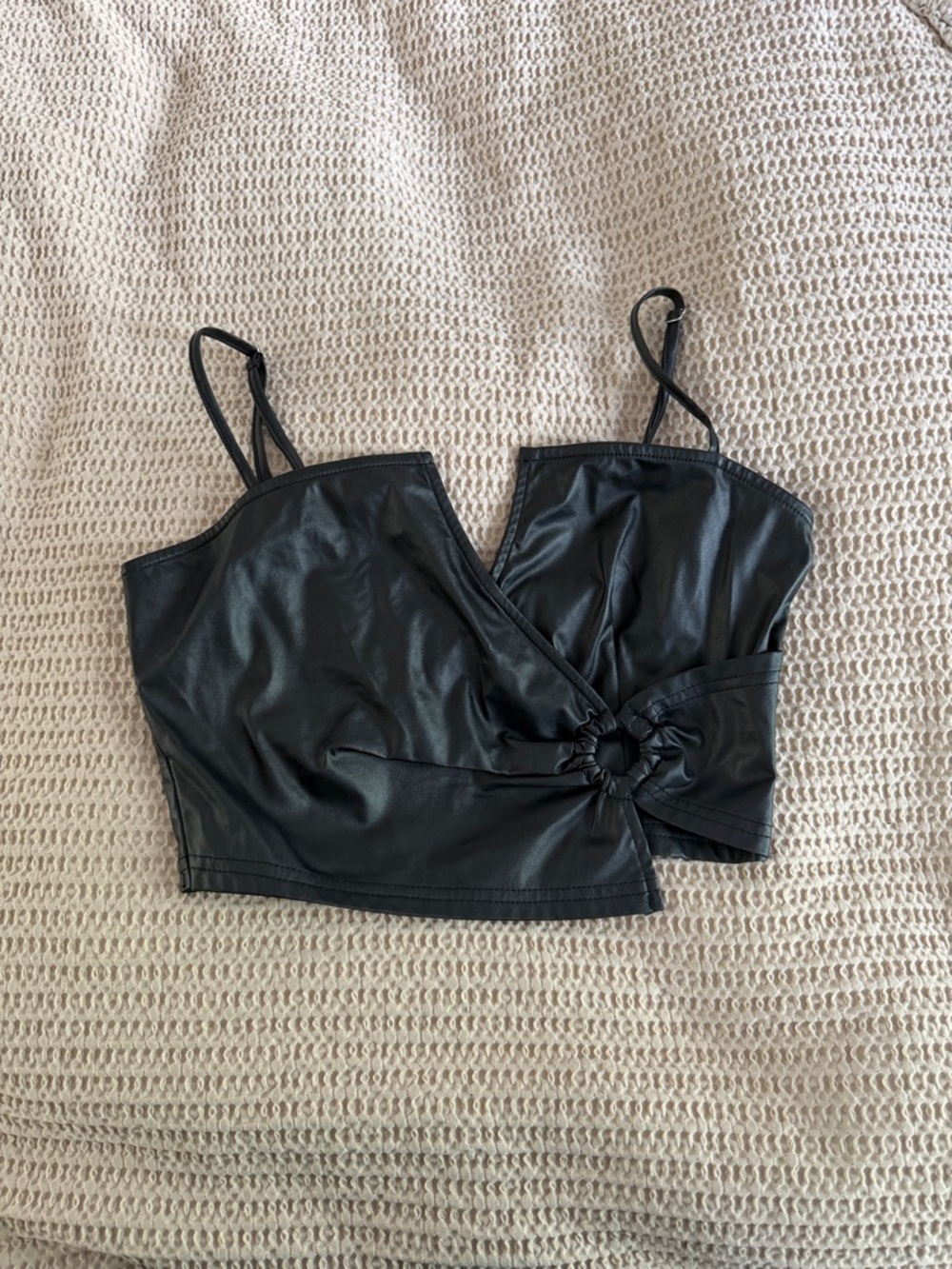 Blue Blush Black Faux Leather Ring-Detail Cropped Camisole
